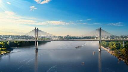 Obraz premium A large suspension bridge with two towering pillars anchoring the long, thin deck, spanning a wide river with architectural grace. 