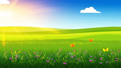 Obraz premium Vibrant summer landscape with green meadows, blue skies, wildflowers, and golden sunlight in a joyful and serene atmosphere