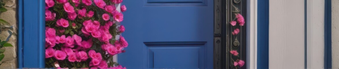 A vibrant blue door, black handle, pink flowers abound , building, landscape