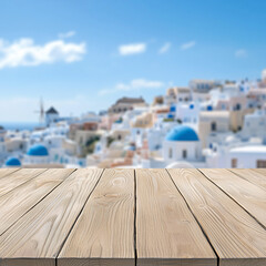A wooden tabletop overlooks the iconic white buildings and blue domes of Santorini, Greece, with the Aegean Sea and clear sky in the background, creating a dreamy Mediterranean vibe.