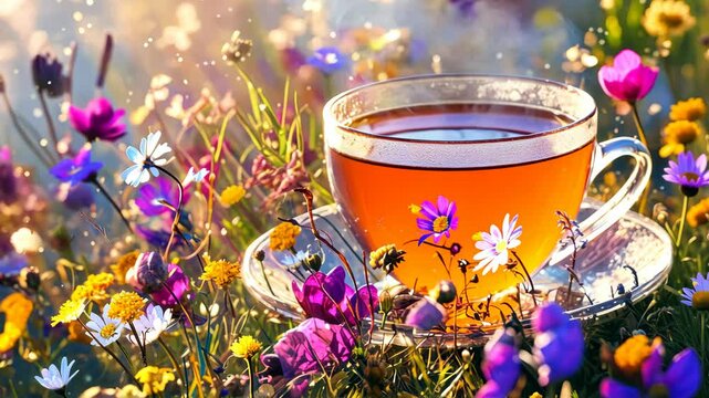 Cup of tea with flowers and herbs on a light background. Selective focus. Nature.