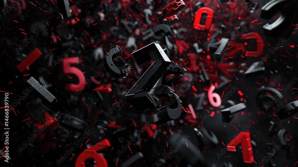 Poster floating black and red 3d numbers on a dark background. abstract 3d rendering art of number floating