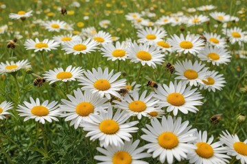 Obraz premium Busy bees pollinating cheerful daisies in a sun-drenched meadow , fauna, petals
