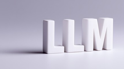 Large white 3D letters spelling "LLM" stand on a smooth, light gray surface with a minimalist background.