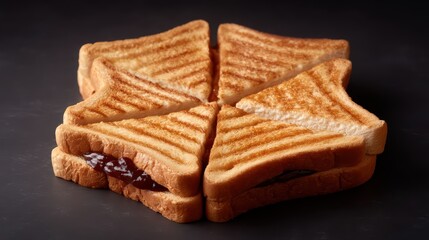 Fototapeta premium Grilled sandwich triangles arranged in a circular pattern on a dark background.