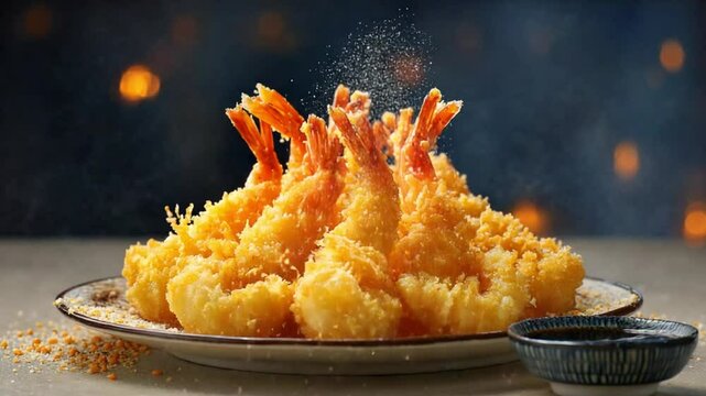 Crispy golden tempura shrimp arranged on a plate with a dipping sauce and a festive background