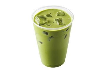 Vibrant iced matcha swirls in a clear cup against a stark white backdrop