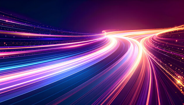 Colorful futuristic light trails on dark background representing fast data transmission and digital technology motion
