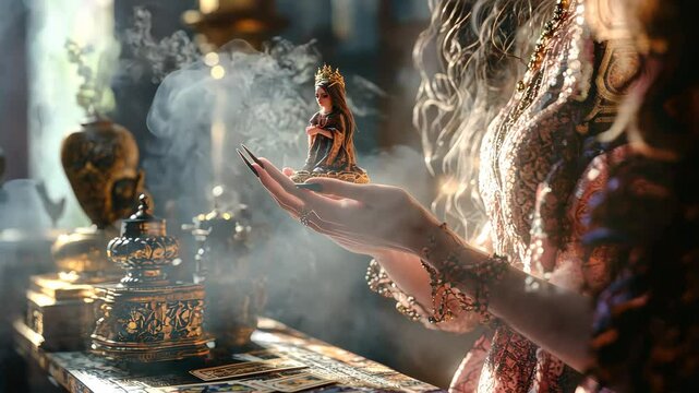 fortune teller tarot and smoke. Selective focus. Women.