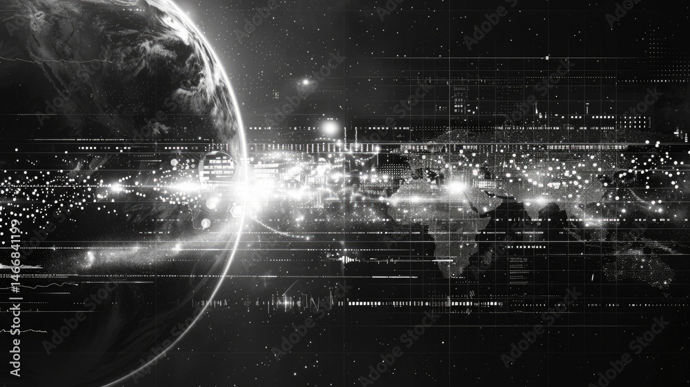 Poster futuristic digital network visualization with glowing nodes and lines on a dark background. abstract