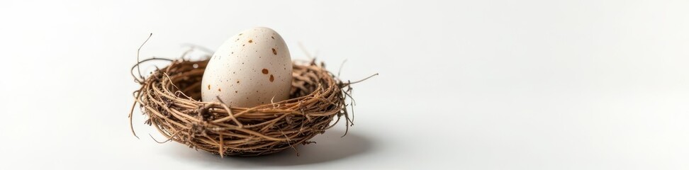 Obraz premium Single speckled egg nestled in a woven straw bird's nest, springtime white background , growth, Easter