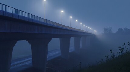 A long concrete bridge extending into heavy fog, the far end disappearing entirely, with the foreground illuminated by soft light.  