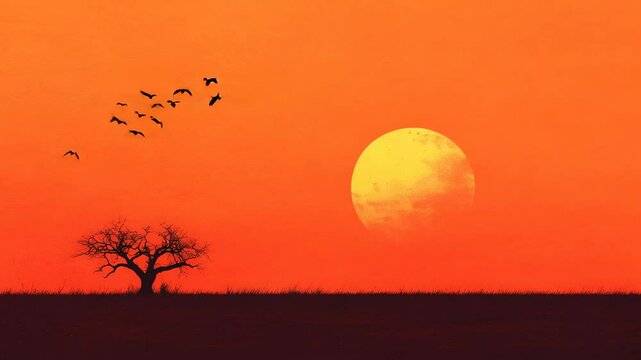 Flock of birds soaring gracefully above a bare tree, silhouetted against a stunning orange sunset sky, creating a serene yet dramatic scene in the tranquil wilderness