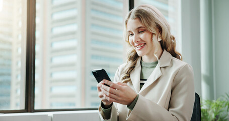 Business, smile and woman with smartphone, texting and online joke with social media, accounting or...
