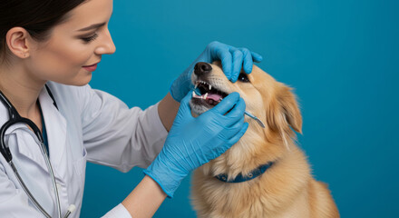 Female veterinary professional in a white coat examining a golden retriever dog's teeth with dental tools in a studio setting.