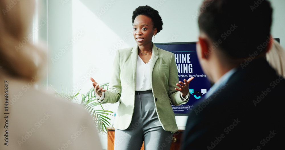 Poster woman, presentation and meeting for workshop with office, speech and employee engagement. data analy