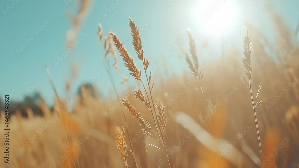 Aufkleber Dry grass swaying in golden sunlight on summer day, creating beautiful bokeh effect with clear blue sky in background, representing tranquility and peace of nature