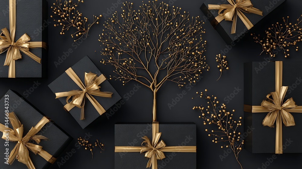 Poster black background with gold and black boxes and a tree, the boxes are decorated with gold ribbons and