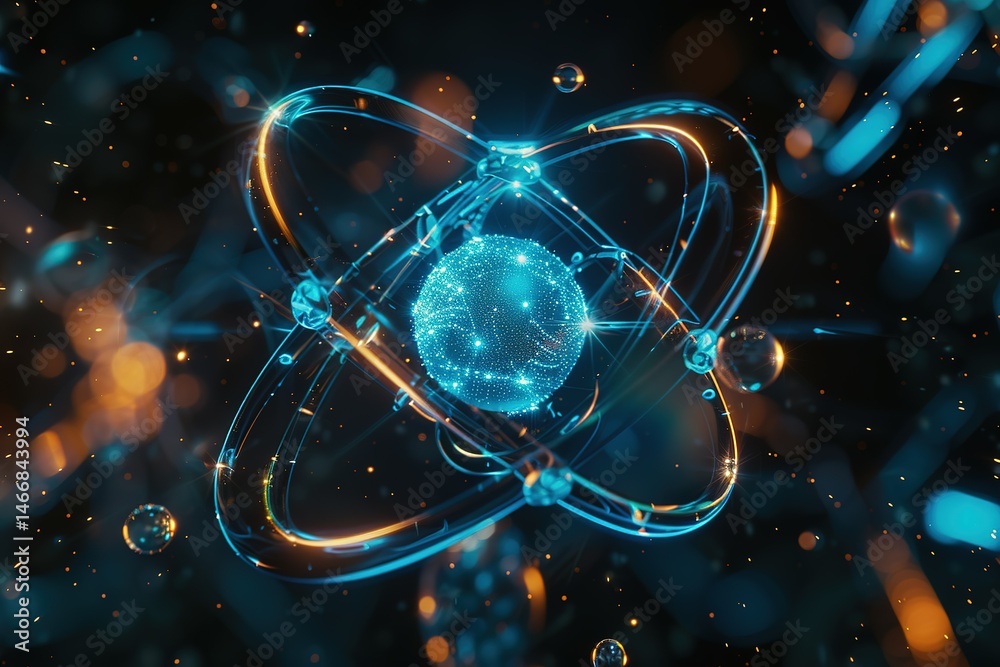 Poster glowing atom structure with orbiting rings and central sphere a digital rendering