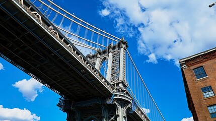 Obraz premium A low-angle photo of a steel suspension bridge, its towering cables and structure stretching into a vibrant blue sky, symbolizing civil engineering excellence. 