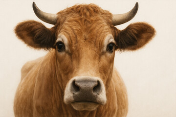 Close-up of a curious cow, showcasing its facial features, horns, and expressive eyes with a calm and serene expression
