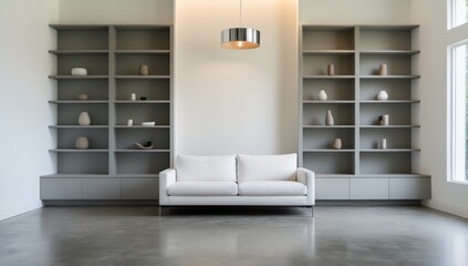 Minimalist Living Room with Modern White Couch, Gray Shelves, and Large Windows – Clean Interior Design.