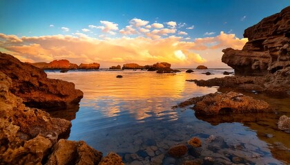 Vista del atardecer en el océano con marco de rocas naranjas y reflejos en el agua, nubes y cielo azul, nadie.
