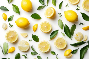 Vibrant Lemon Leaf Pattern Fresh Citrus Slices Whole Lemons and Lush Green Leaves on White Background Bright Summer Mood