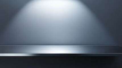 Ultra quality image of silver steel countertop, empty shelf. Kitchen counter on gray background with spot light.