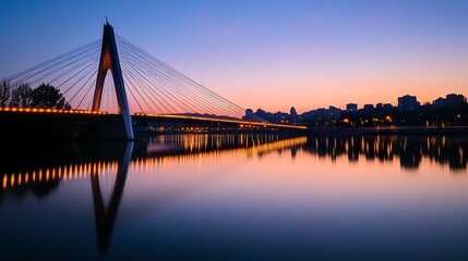 Fototapeta premium A majestic suspension bridge glowing in twilight hues, its reflection stretching across tranquil waters, framed by a quiet cityscape ideal for travel themes. 