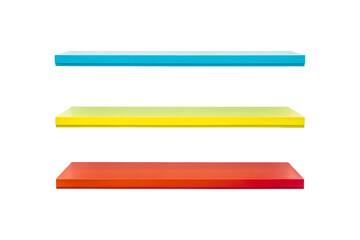 Three colorful modern shelves floating against a transparent background