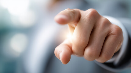 Naklejka premium Close-up of a businessman’s hand pointing forward as if touching a virtual screen, symbolizing leadership, decision-making, and digital interaction. 