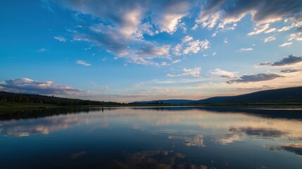 Fototapeta premium Serene Evening Reflection Over Tranquil Lake Under a Vast Sky with Soft Clouds and Gentle Light at Dusk