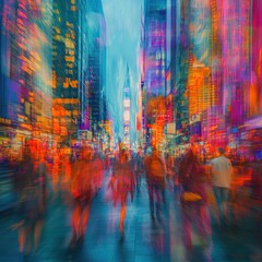 Naklejka premium Vibrant city street scene at night, filled with blurred people and colorful lights