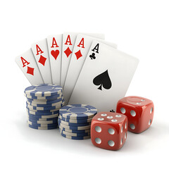 Obraz premium Casino poker scene with four aces, red dice, and blue chips on white background, perfect for gambling concept, game night, Las Vegas ads, casino promotions, poker tournaments, or betting visuals