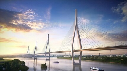 Obraz premium A massive cable-stayed bridge spanning a wide river, its tall towers and sleek cables creating a striking silhouette against the sky. 64