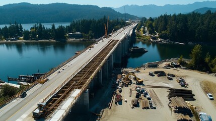 Obraz premium A massive double-deck bridge construction site, with reinforced concrete and steel beams forming two traffic layers, symbolizing advanced infrastructure. 