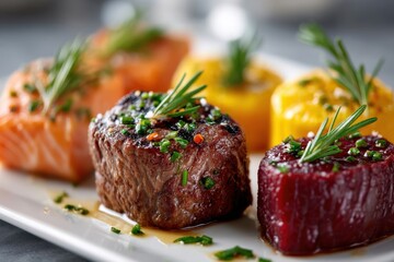 Gourmet platter featuring fine cuts of meat and vibrant sides garnished with fresh herbs