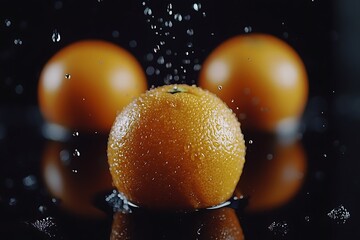 Juicy orange drenched in water droplets sparkling against a dark background two blurred oranges in the background