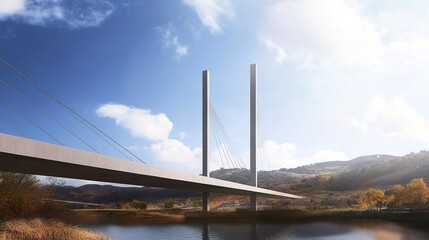 A minimalist bridge with two tall pillars supporting a delicate, thin deck, its clean lines creating a visually stunning engineering marvel. 