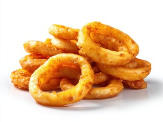 Pile of crispy onion rings, isolated on white background