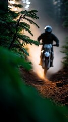 Motocross rider navigating a forest trail