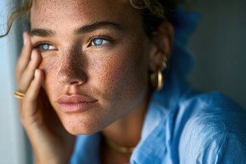 Portrait of a young woman with freckles gazing thoughtfully during a sunny afternoon indoors