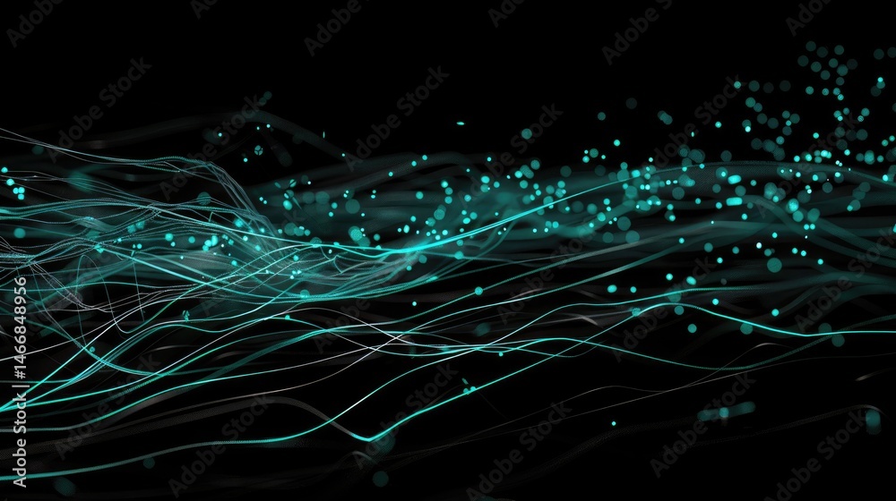 Poster Abstract picture turquoise light particle with digital technology style design connecting in digital style represent about flowing of data or structure of network system perfect for background. AIG51.