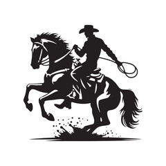 Rodeo Performer Vector Silhouette, Cowboy Skills, Rodeo Action, Wild West Event, Rodeo Athlete, Western Rodeo, Cowboy Performance, Bull Riding.
