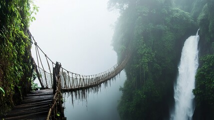 Fototapeta premium A mist-covered jungle scene with a weathered rope bridge spanning a deep gorge, a powerful waterfall cascading in the hazy distance