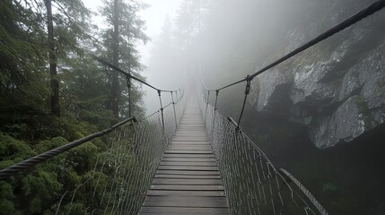 Obraz premium A misty forest scene with a rustic wooden suspension bridge spanning a deep, rugged ravine, the rocks below barely visible through the fog. 