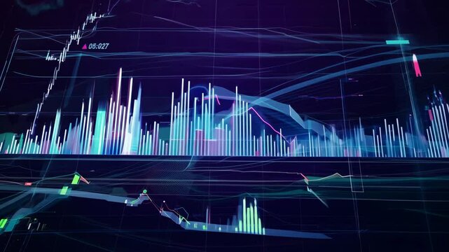 Stock Market Data Analysis with Candlestick and Bar Charts in Motion Graphic 4K.