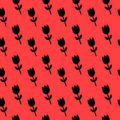 Black Tulip Pattern on Red Background Floral Pattern Seamless Flower Pattern