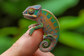 Fototapeta premium Hyperrealistic miniature chameleon clings to fingertip in vibrant garden setting during sunny afternoon
